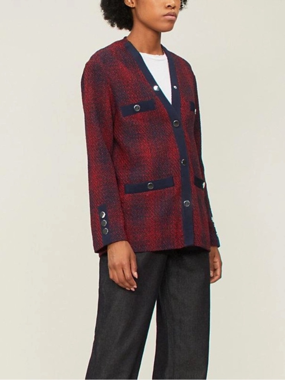 Maje Vero Checked Woven Jacket Snap Button Cardigan Womens Size 36 / US S